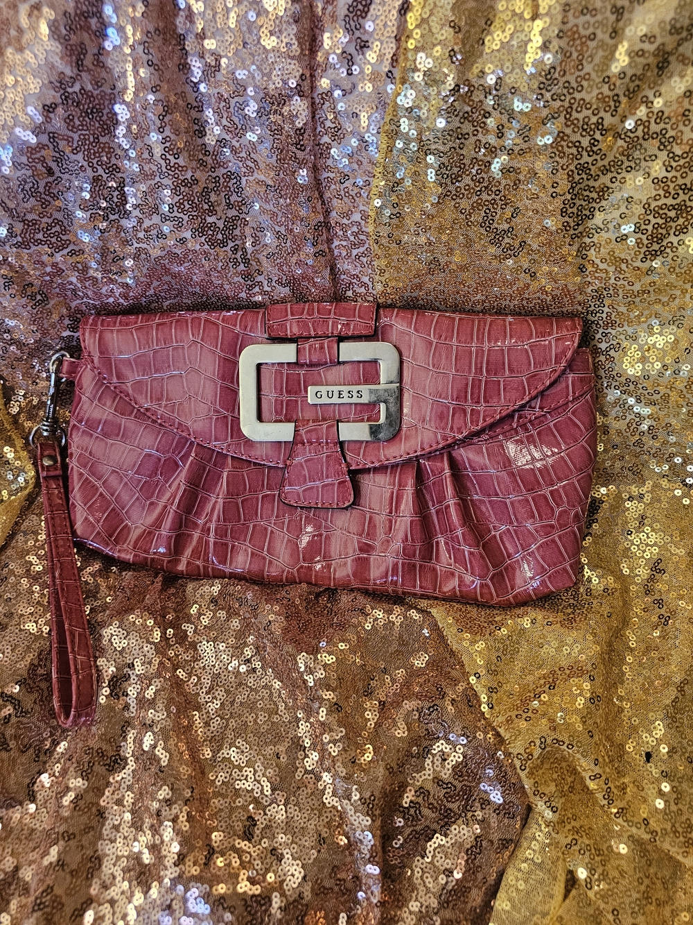 GUESS Pink Croc-Embossed Wristlet Clutch with Silver Logo